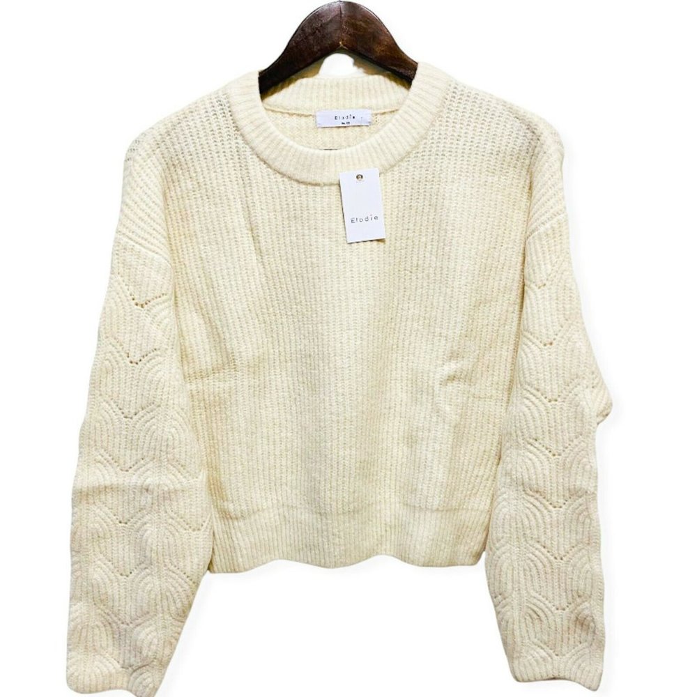 Elodie Women's XS Crew Neck Geometric Long Sleeve Ribbed Knit Top Sweater Sand